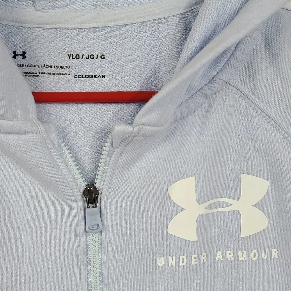 Under Armour Girls Hoodie YLG Blue Full Zip ColdGear Thumbholes Athletic Jacket